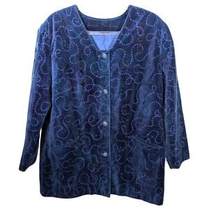 Vintage Anna Carlson Blue Velvet Embroidered Car Coat Mid Length Art To Wear
